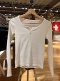 Vintage Button Ribbed Long Sleeve Tees Women Autumn Casual round Neck Pink Cotton Y2K Tops Vintage Sweet Slim T Shirt for Women