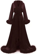 Women'S Satin Robe Fur Nightgown Bathrobe Sleepwear Feather Bridal Robe with Belt