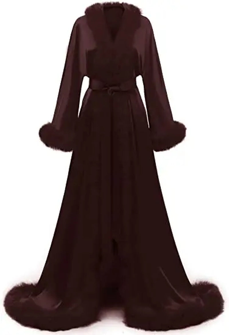 Women'S Satin Robe Fur Nightgown Bathrobe Sleepwear Feather Bridal Robe with Belt