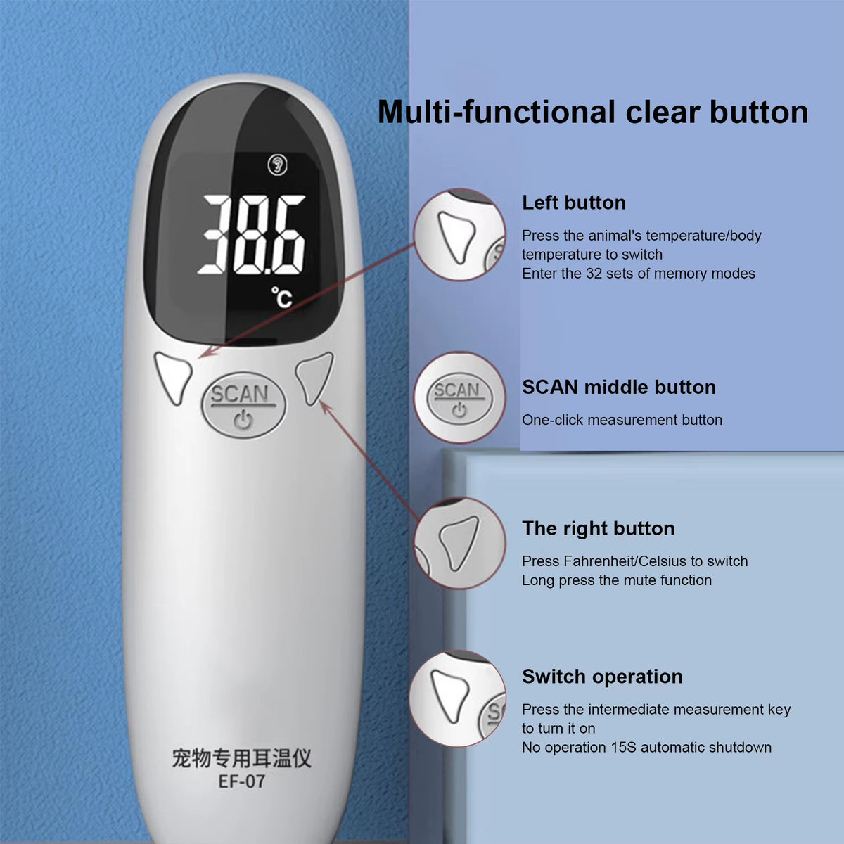 Cat Thermometers Ear Cat Dog Tech Supplies Puppy Thermometers Fever Detection Device for Pet High-Precision Accurate Led Display