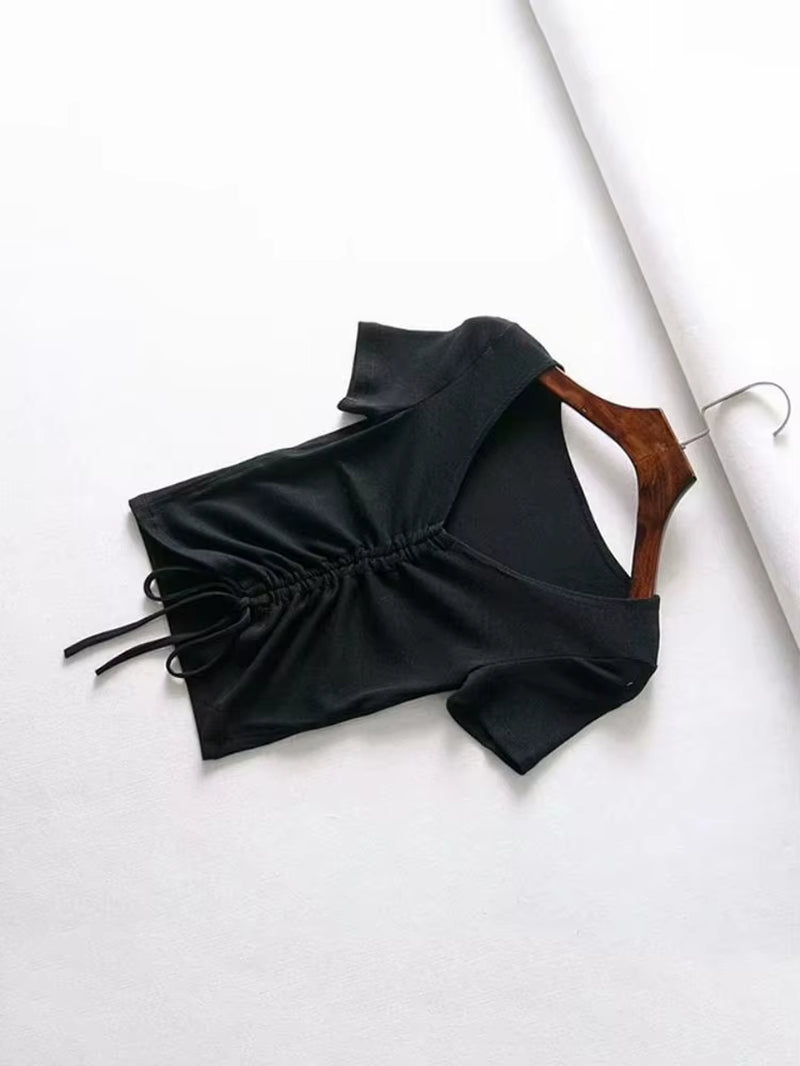 Sexy V Neck Cropped Tank Tops Women Drawstring Tie up Front Camis Candy Colors Streetwear Slim Fit Ribbed Crop Top 2024