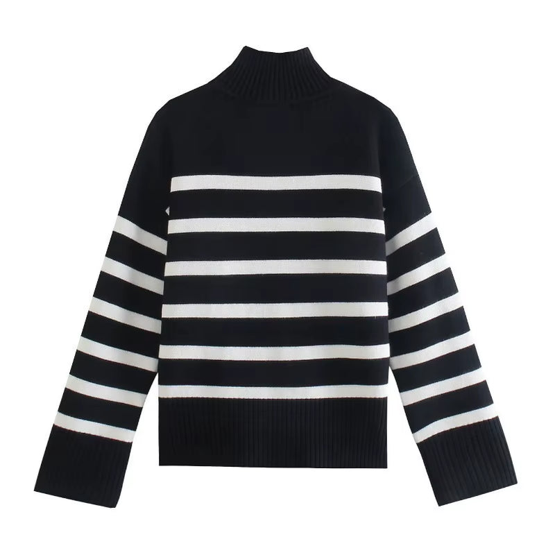 Winter Black and White Stripe Sweater Women Streetwear Loose Pullover Jumper Tops Female Long Sleeve Turtleneck Knitted Sweaters