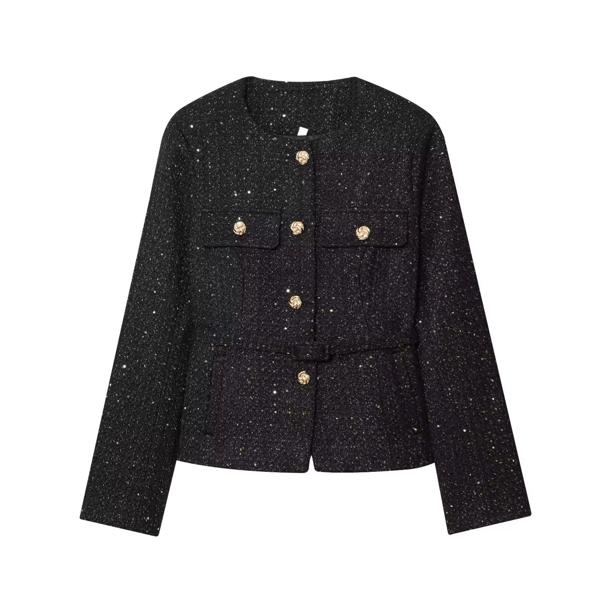 Tweed Jacket with Belt Women'S Clothing Autumn Winter New round Long Sleeved Button up Outerwear Chic France Short Coats