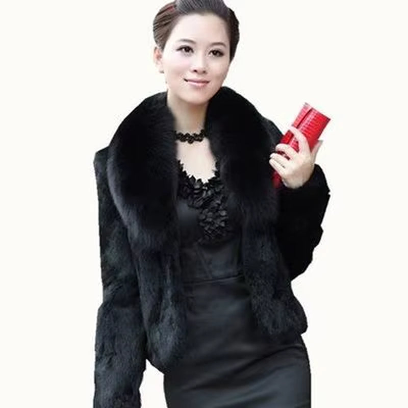High Quality Faux Rabbit Hair Coat Women'S Warm Outerwear Autumn Winter Short Faux Fox Fur Collar Coat Jacket Overcoat