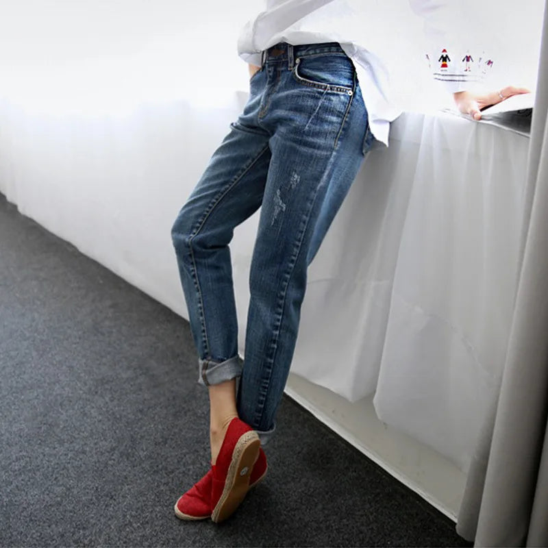 Boyfriend Jeans for Women 2024 Hot Sale Vintage Distressed Regular Spandex Ripped Jeans Denim Washed Pants Woman Jeans C1028
