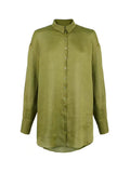 Woman Long Shirts 22%Silk 78%Linen Solid Button Boyfriend Blouses 2023 Spring Autumn Chic Top Olive