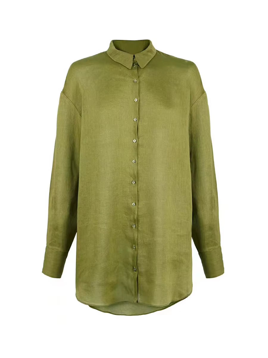 Woman Long Shirts 22%Silk 78%Linen Solid Button Boyfriend Blouses 2023 Spring Autumn Chic Top Olive