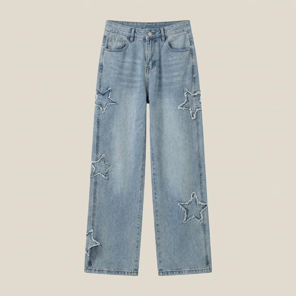 Star embroidered wide leg jeans