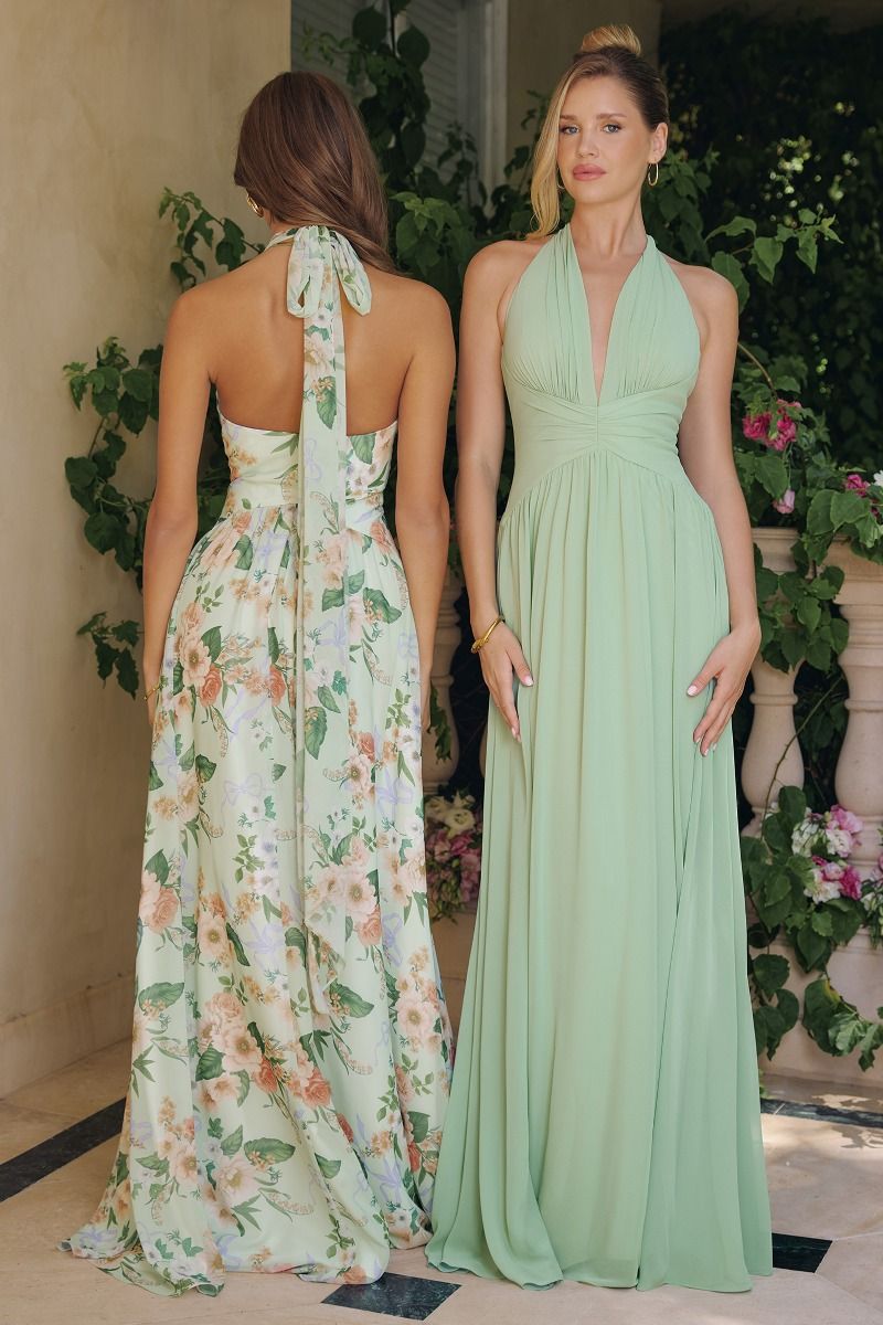 Sleeveless A-Line Garden Party Chiffon Gown w/ Halter Neckline & Floral Print CDT719-1