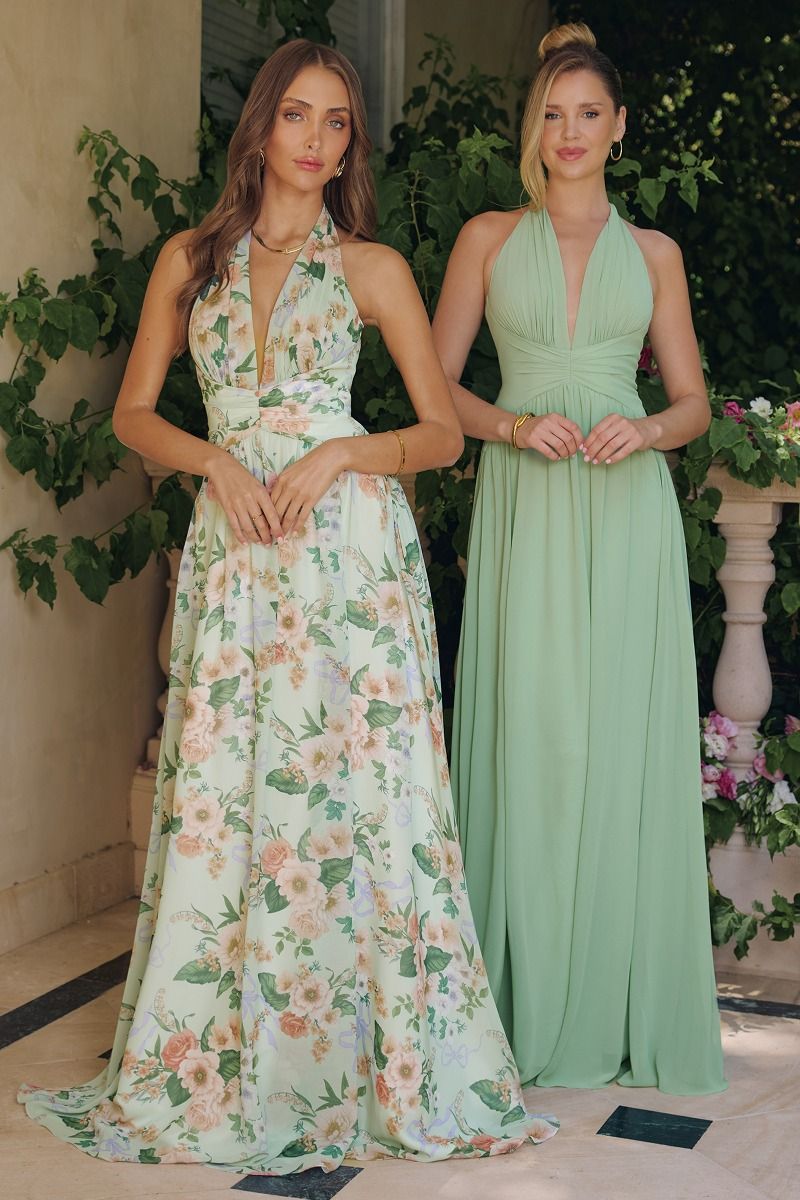 Sleeveless A-Line Garden Party Chiffon Gown w/ Halter Neckline & Floral Print CDT719-0