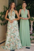 Sleeveless A-Line Garden Party Chiffon Gown w/ Halter Neckline & Floral Print CDT719-0